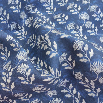 Floral linen fabric - Block print in dark indigo blue LL304P