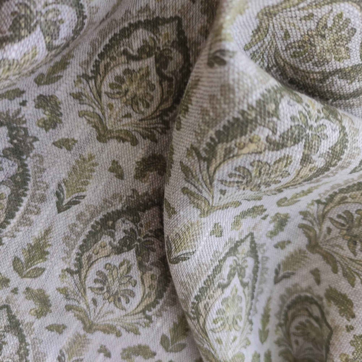 Botanical linen fabric with French print in moss green LL307P - 100% linen