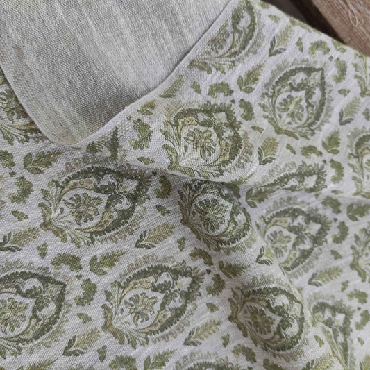 Botanical linen fabric with French print in moss green LL307P - 100% linen