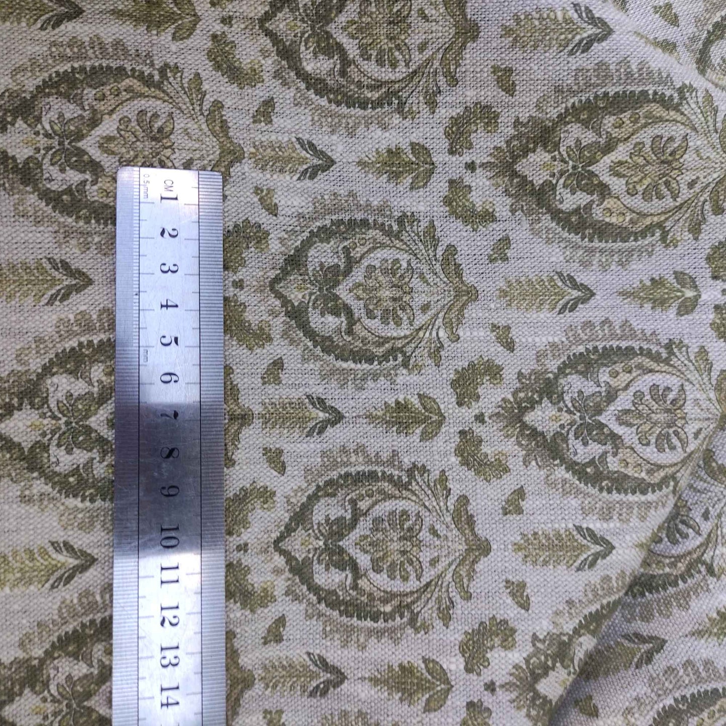 Botanical linen fabric with French print in moss green LL307P - 100% linen