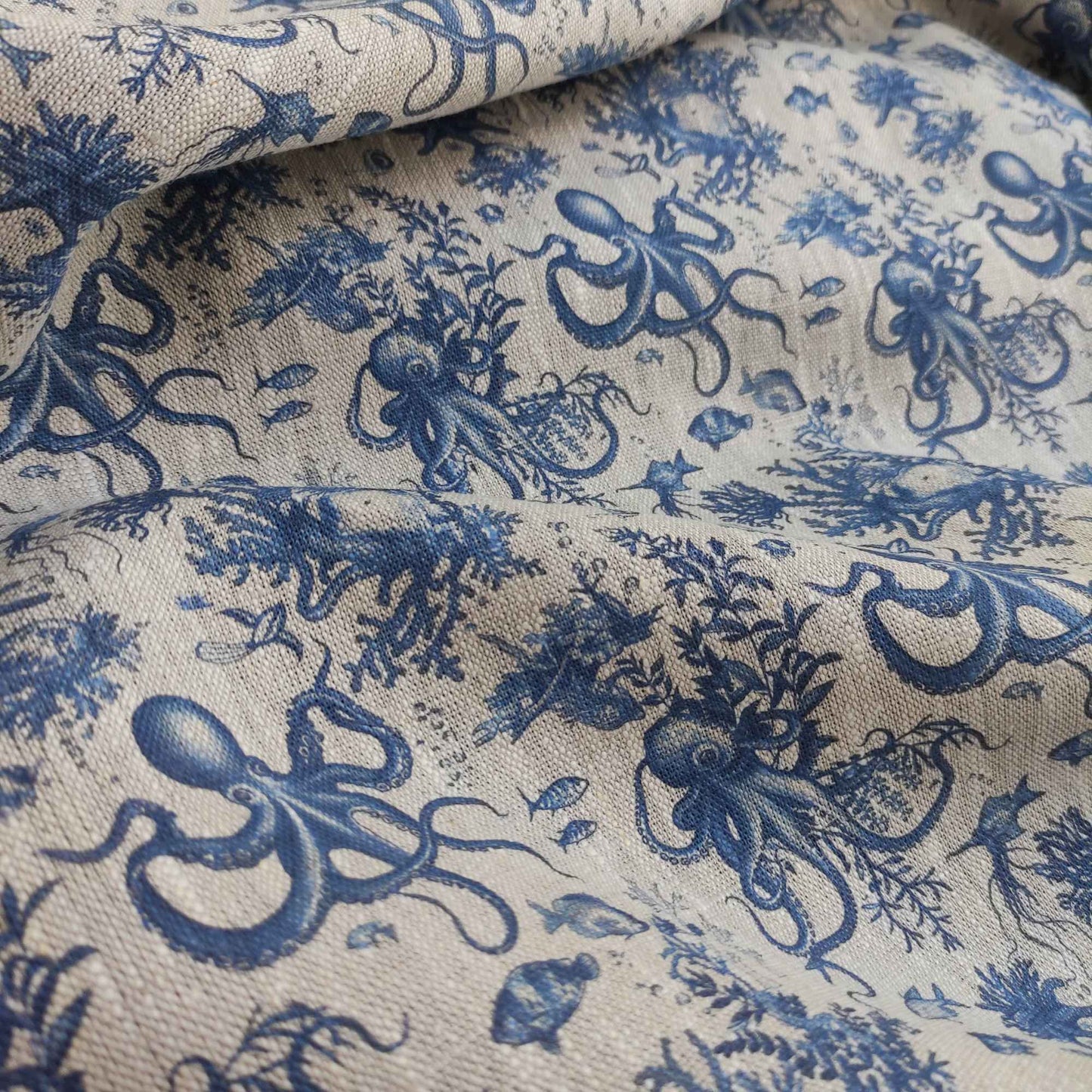 Coastal linen fabric with Toile de Jouy Octopus  in indigo blue LL306P - 100% linen