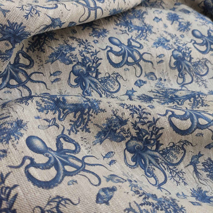 Coastal linen fabric with Toile de Jouy Octopus  in indigo blue LL306P - 100% linen