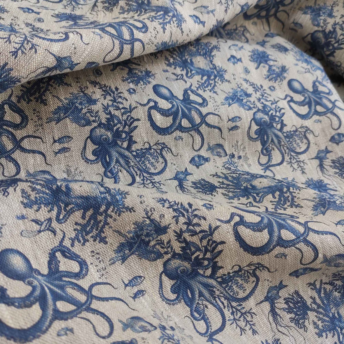 Coastal linen fabric with Toile de Jouy Octopus  in indigo blue LL306P - 100% linen