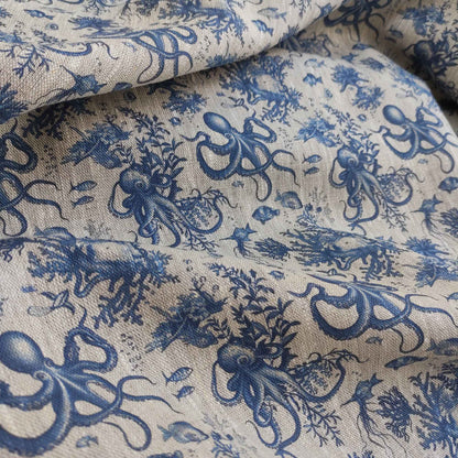 Coastal linen fabric with Toile de Jouy Octopus  in indigo blue LL306P - 100% linen