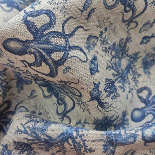 Coastal linen fabric with Toile de Jouy Octopus  in indigo blue LL306P - 100% linen