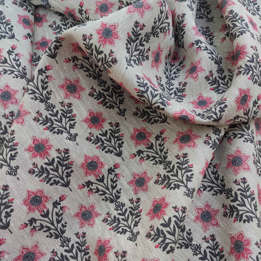 Floral linen fabric with block print  in black and pink LL308P - 100% linen