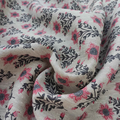 Floral linen fabric with block print  in black and pink LL308P - 100% linen