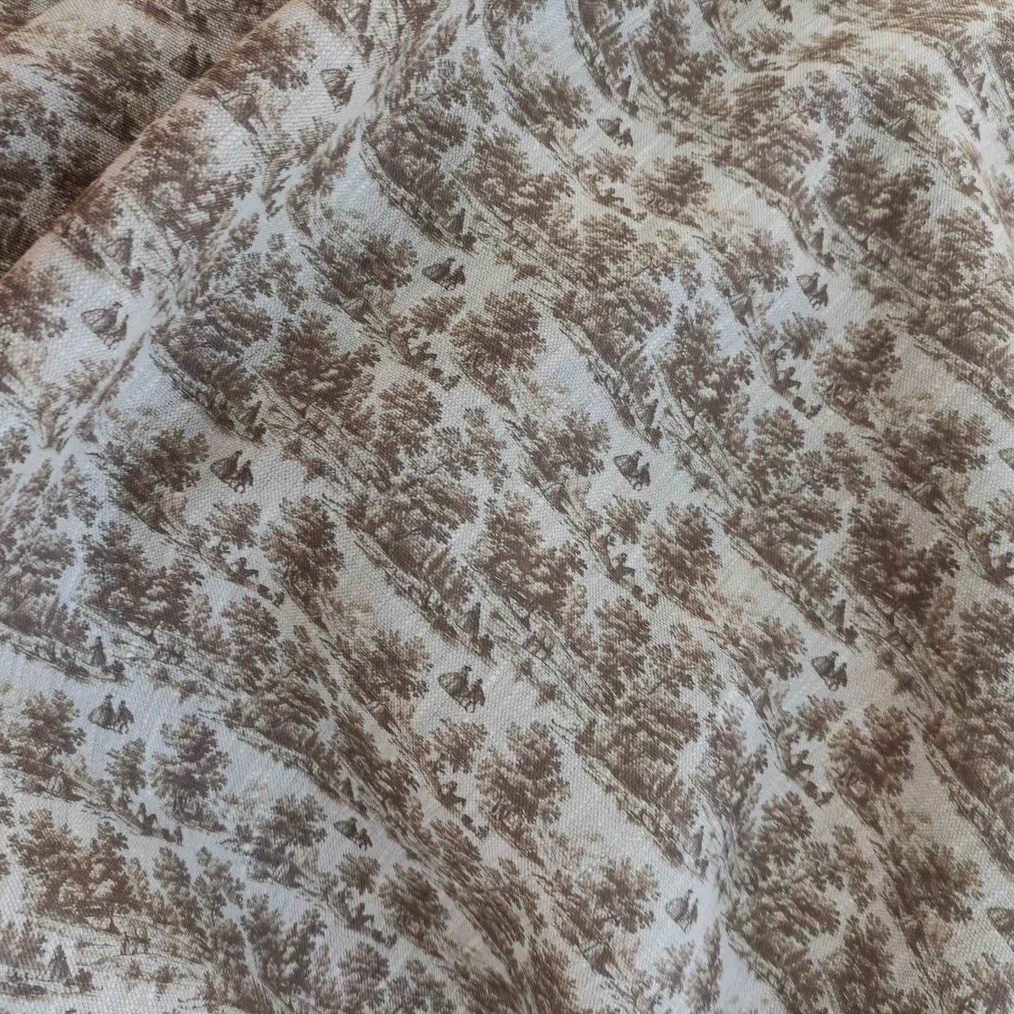 Linen fabric with Toile de Jouy Countryside  in brown LL309P - 100% linen