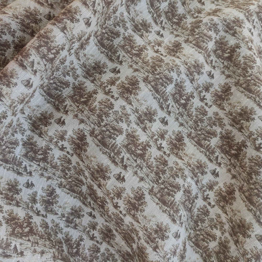 Linen fabric with Toile de Jouy Countryside  in brown LL309P - 100% linen