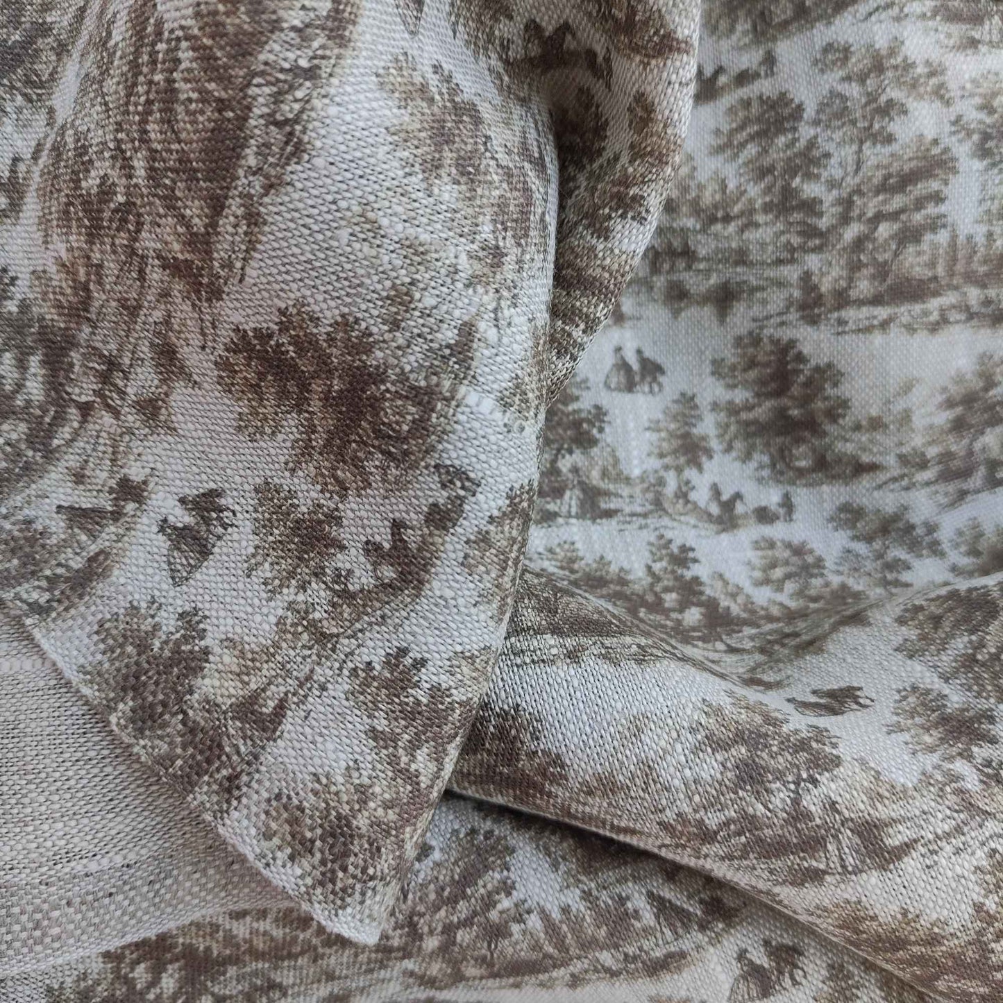Linen fabric with Toile de Jouy Countryside  in brown LL309P - 100% linen
