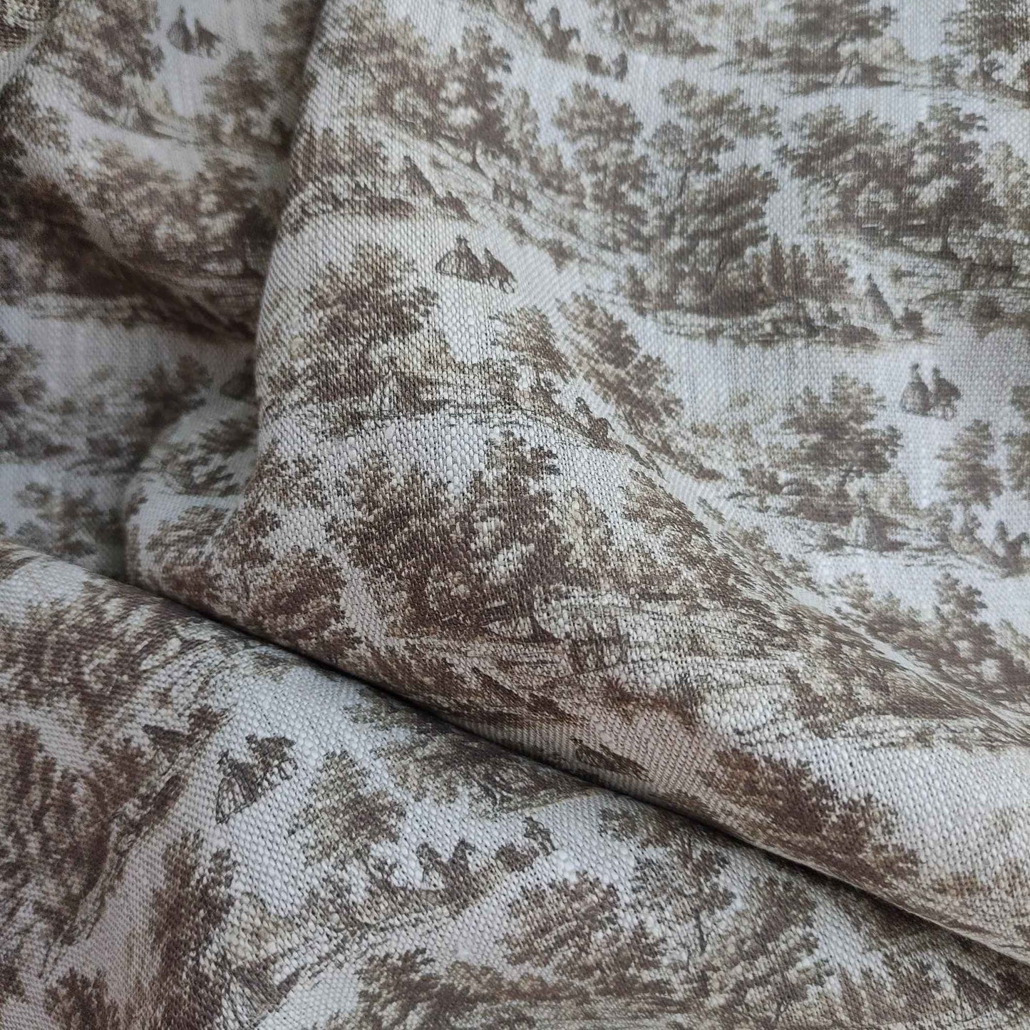 Linen fabric with Toile de Jouy Countryside  in brown LL309P - 100% linen