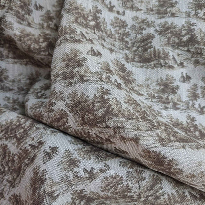 Linen fabric with Toile de Jouy Countryside  in brown LL309P - 100% linen