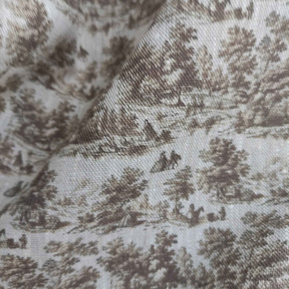 Linen fabric with Toile de Jouy Countryside  in brown LL309P - 100% linen