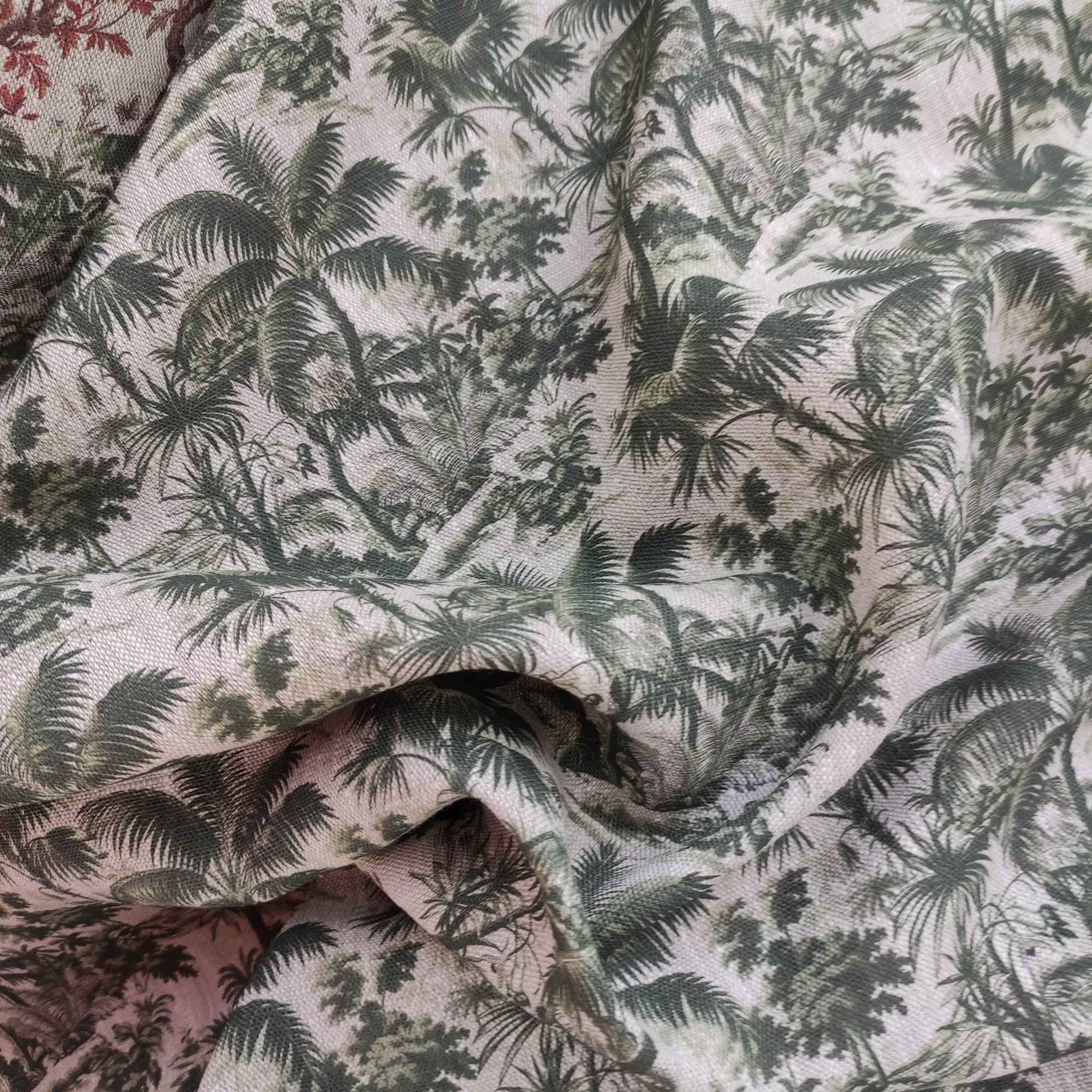 Linen fabric with Toile de Jouy Palm trees in green LL311P - 100% linen