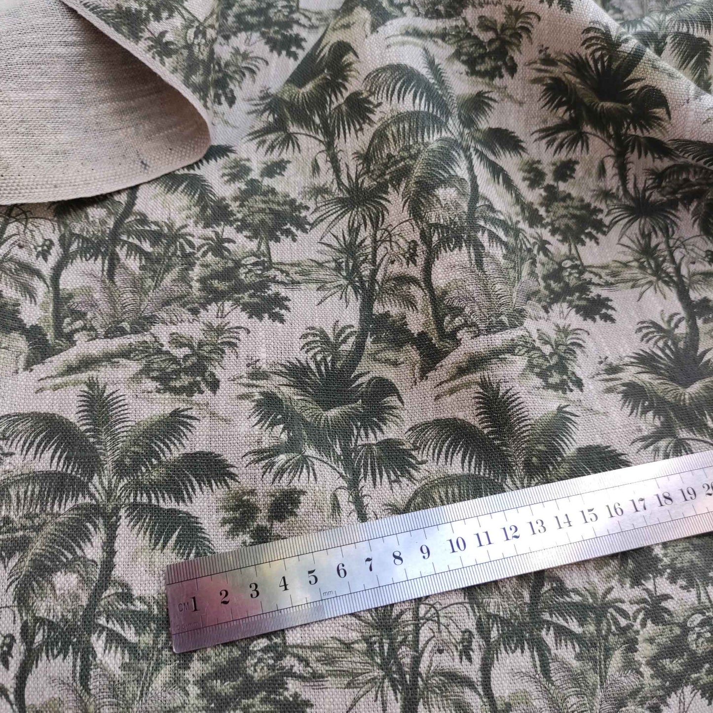 Linen fabric with Toile de Jouy Palm trees in green LL311P - 100% linen