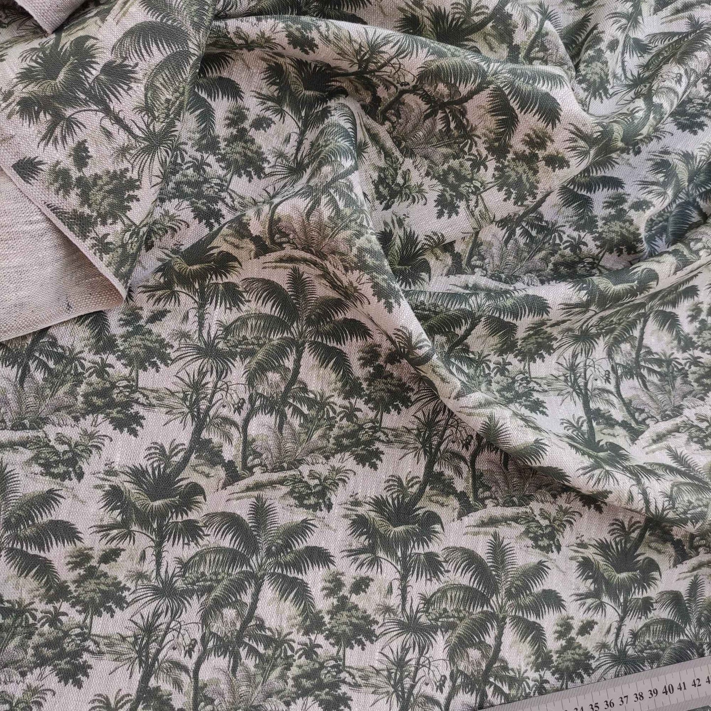 Linen fabric with Toile de Jouy Palm trees in green LL311P - 100% linen
