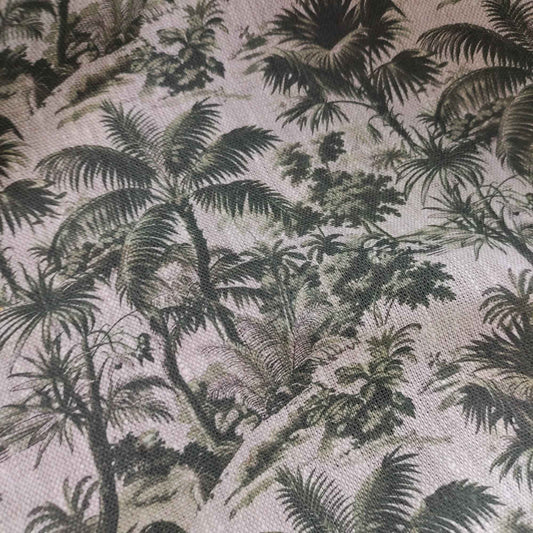 Linen fabric with Toile de Jouy Palm trees in green LL311P - 100% linen