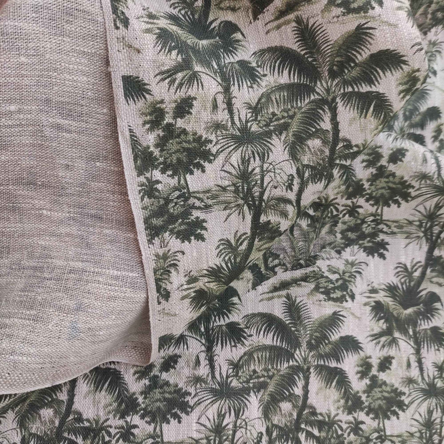 Linen fabric with Toile de Jouy Palm trees in green LL311P - 100% linen