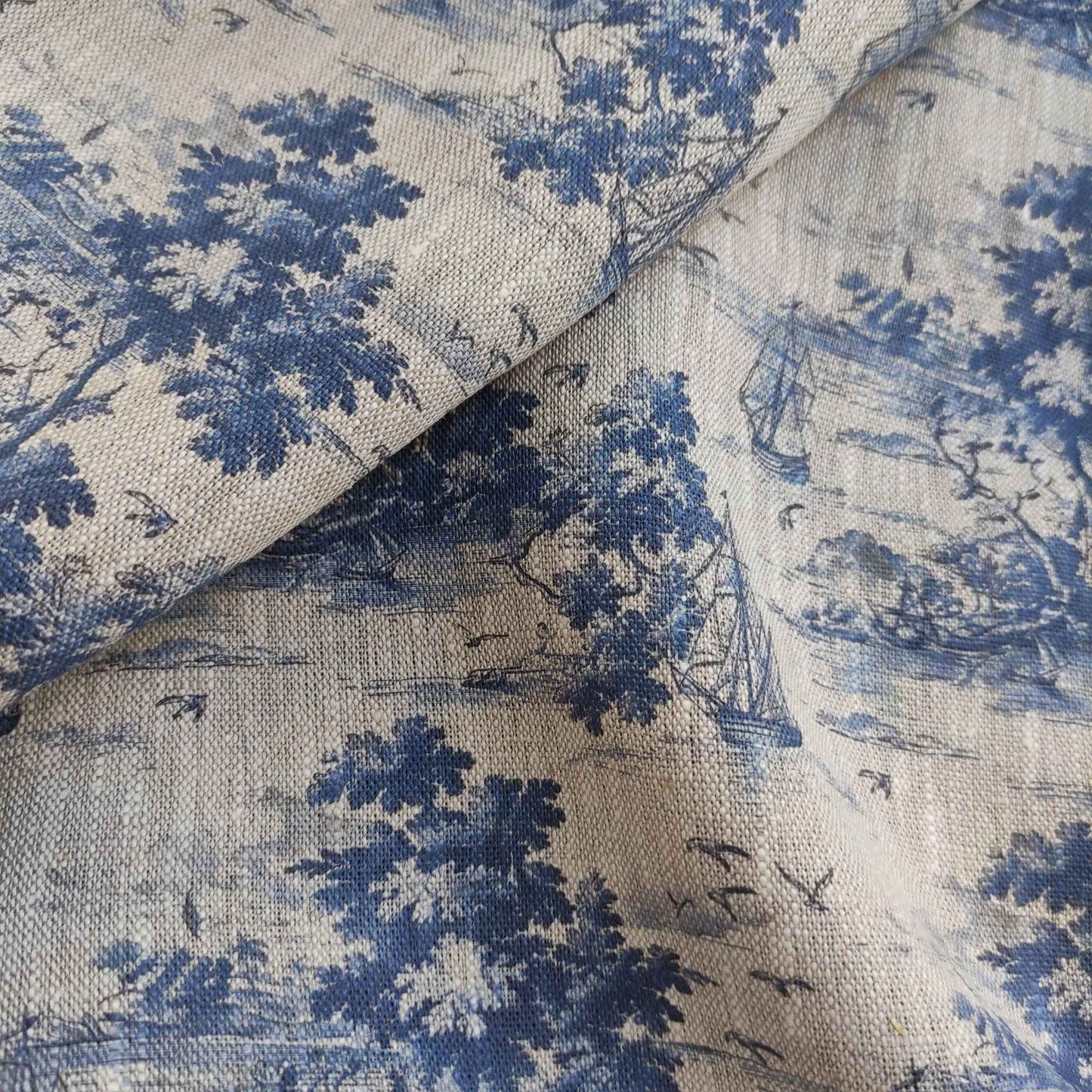 Coastal linen fabric with Toile de Jouy Marine Ships  in indigo blue LL3013P - 100% linen
