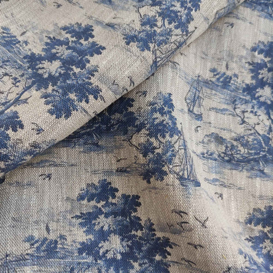 Coastal linen fabric with Toile de Jouy Marine Ships  in indigo blue LL3013P - 100% linen