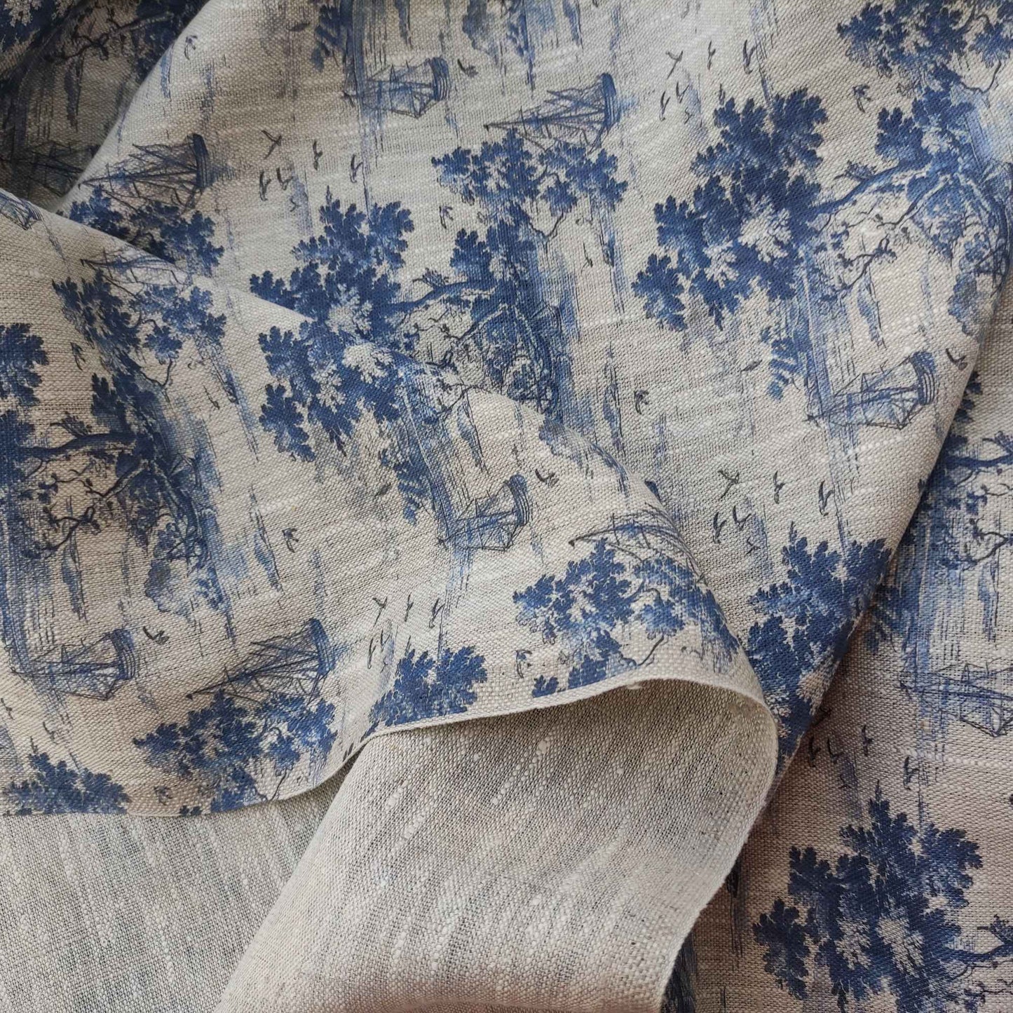 Coastal linen fabric with Toile de Jouy Marine Ships  in indigo blue LL3013P - 100% linen