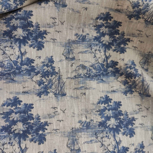 Coastal linen fabric with Toile de Jouy Marine Ships  in indigo blue LL3013P - 100% linen