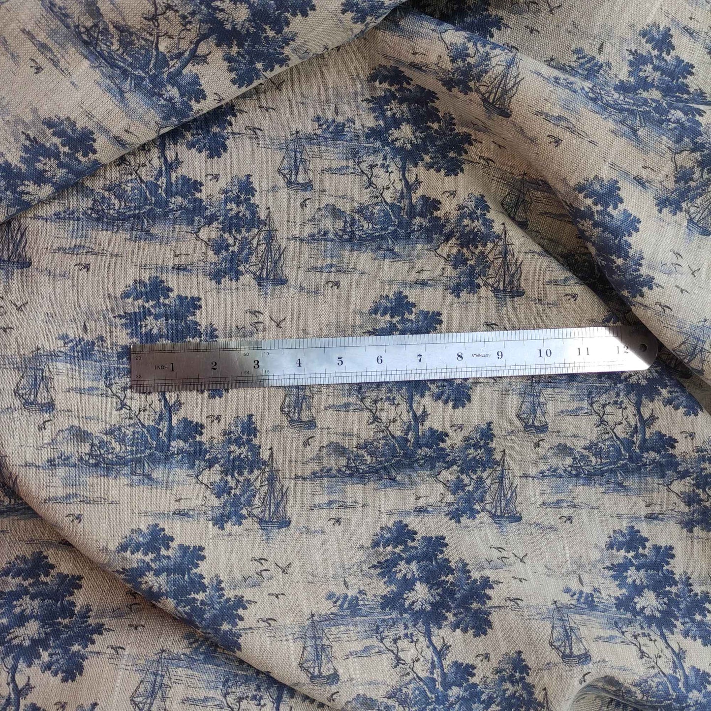 Coastal linen fabric with Toile de Jouy Marine Ships  in indigo blue LL3013P - 100% linen