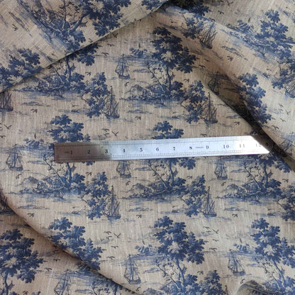 Coastal linen fabric with Toile de Jouy Marine Ships  in indigo blue LL3013P - 100% linen