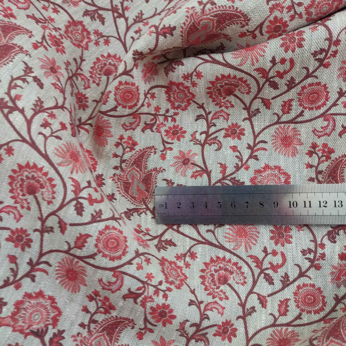 Botanical linen fabric with red paisley print LL314P - 100% linen