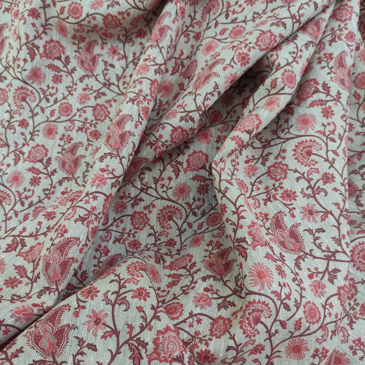 Botanical linen fabric with red paisley print LL314P - 100% linen