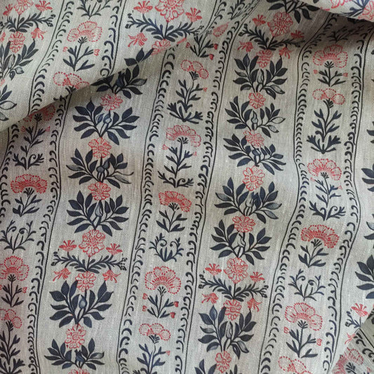 Botanical linen fabric with striped block floral pattern LL315P - 100% linen