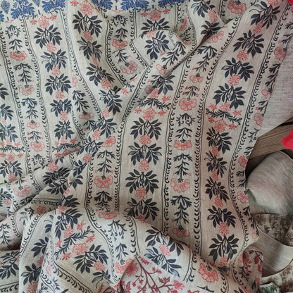 Botanical linen fabric with striped block floral pattern LL315P - 100% linen