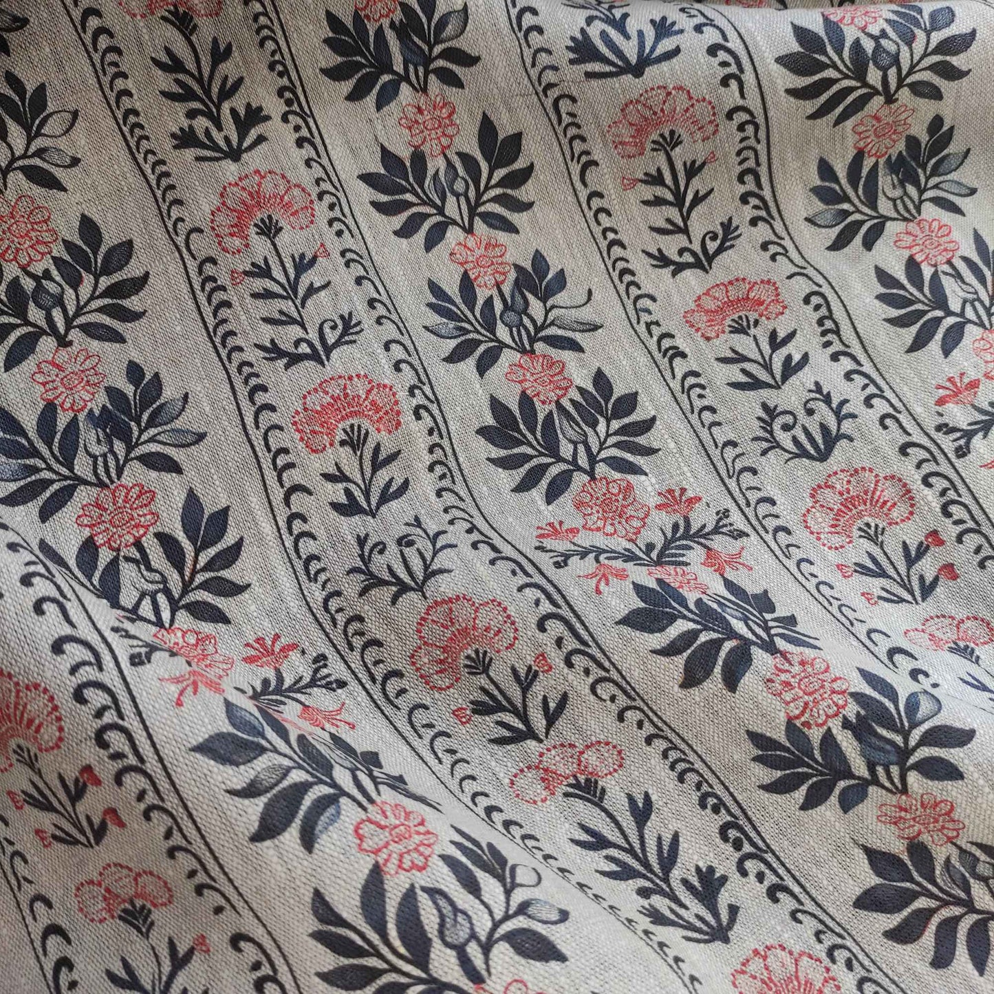 Botanical linen fabric with striped block floral pattern LL315P - 100% linen