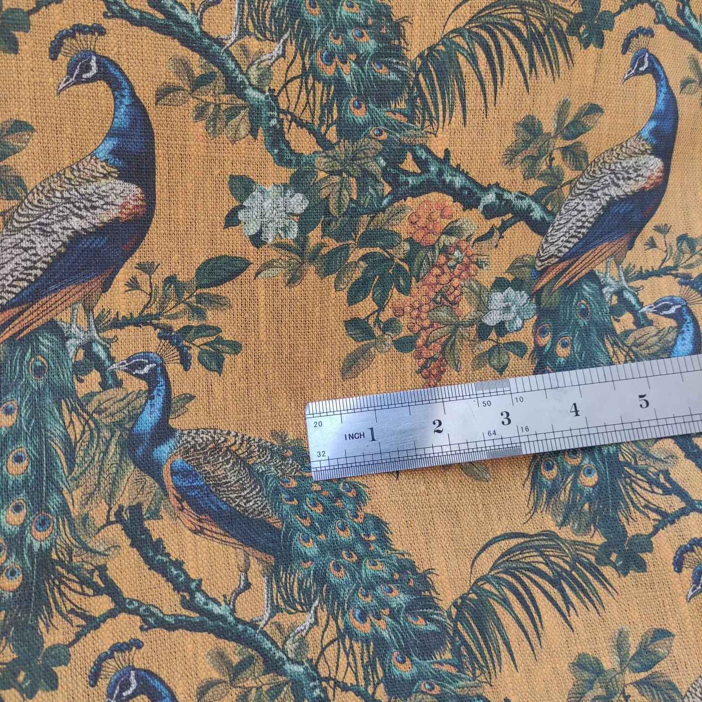 Botanical linen fabric with Peacock toile de Jouy pattern LL316P - 100% linen