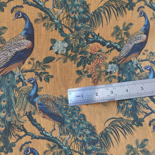 Botanical linen fabric with Peacock toile de Jouy pattern LL316P - 100% linen
