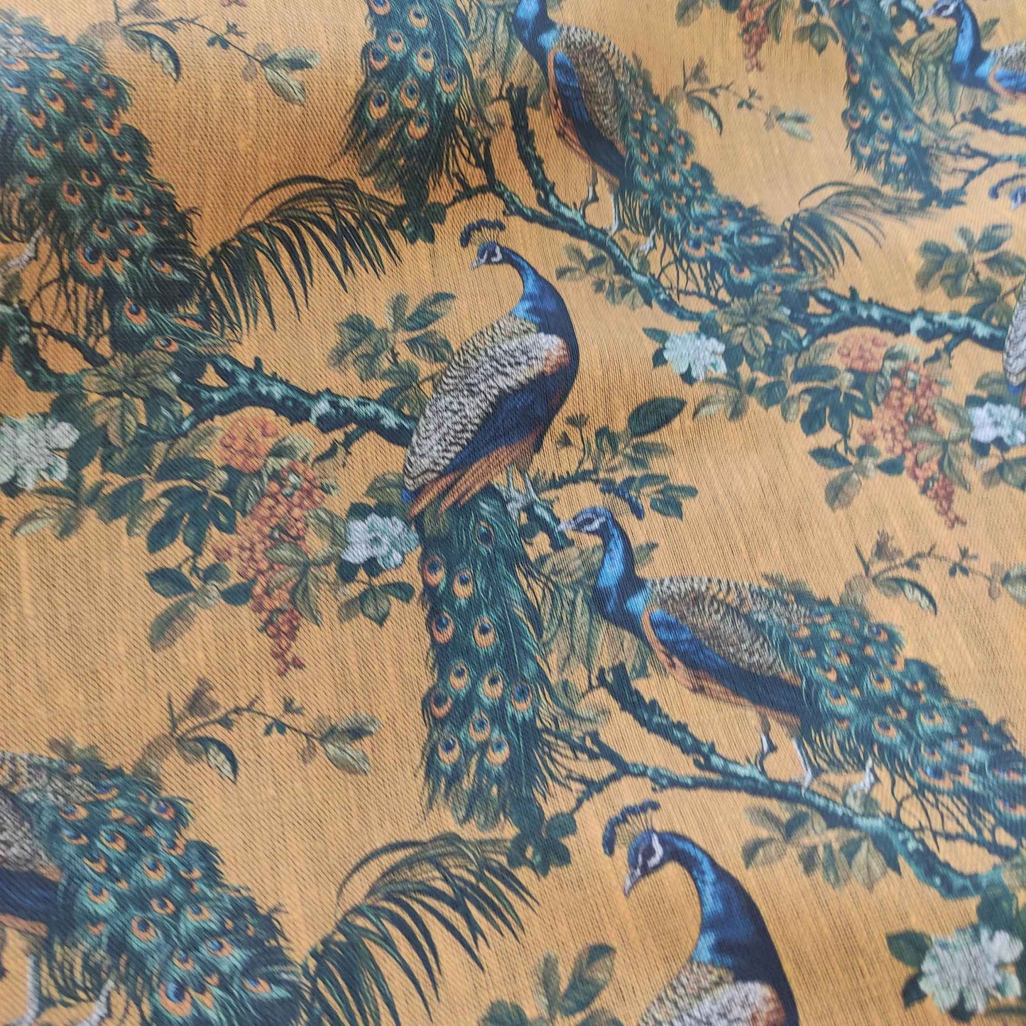 Botanical linen fabric with Peacock toile de Jouy pattern LL316P - 100% linen