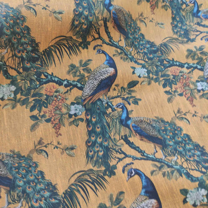 Botanical linen fabric with Peacock toile de Jouy pattern LL316P - 100% linen