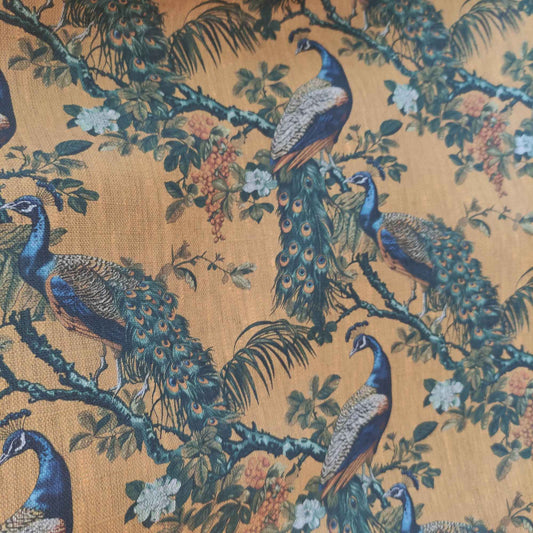 Botanical linen fabric with Peacock toile de Jouy pattern LL316P - 100% linen