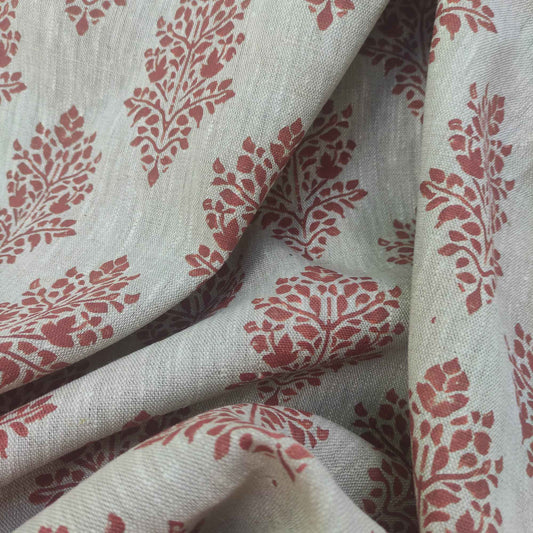 Floral linen fabric - Block print brick red on oatmeal linen LL316P