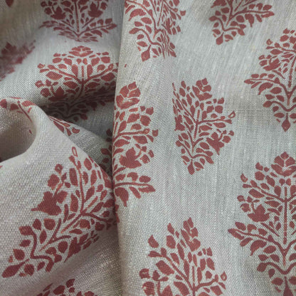 Floral linen fabric - Block print brick red on oatmeal linen LL316P