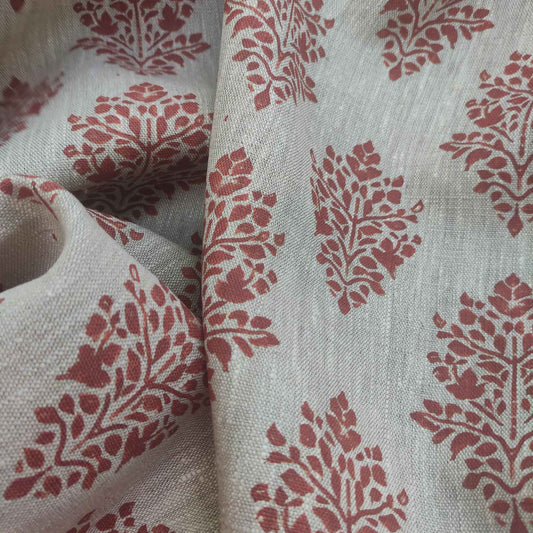 Floral linen fabric - Block print brick red on oatmeal linen LL316P