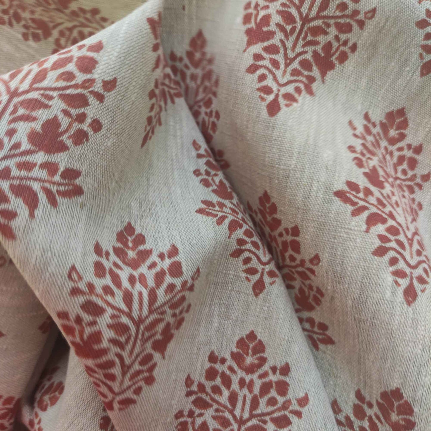 Floral linen fabric - Block print brick red on oatmeal linen LL316P