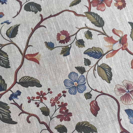 Floral linen fabric - botanical  on oatmeal linen LL317P