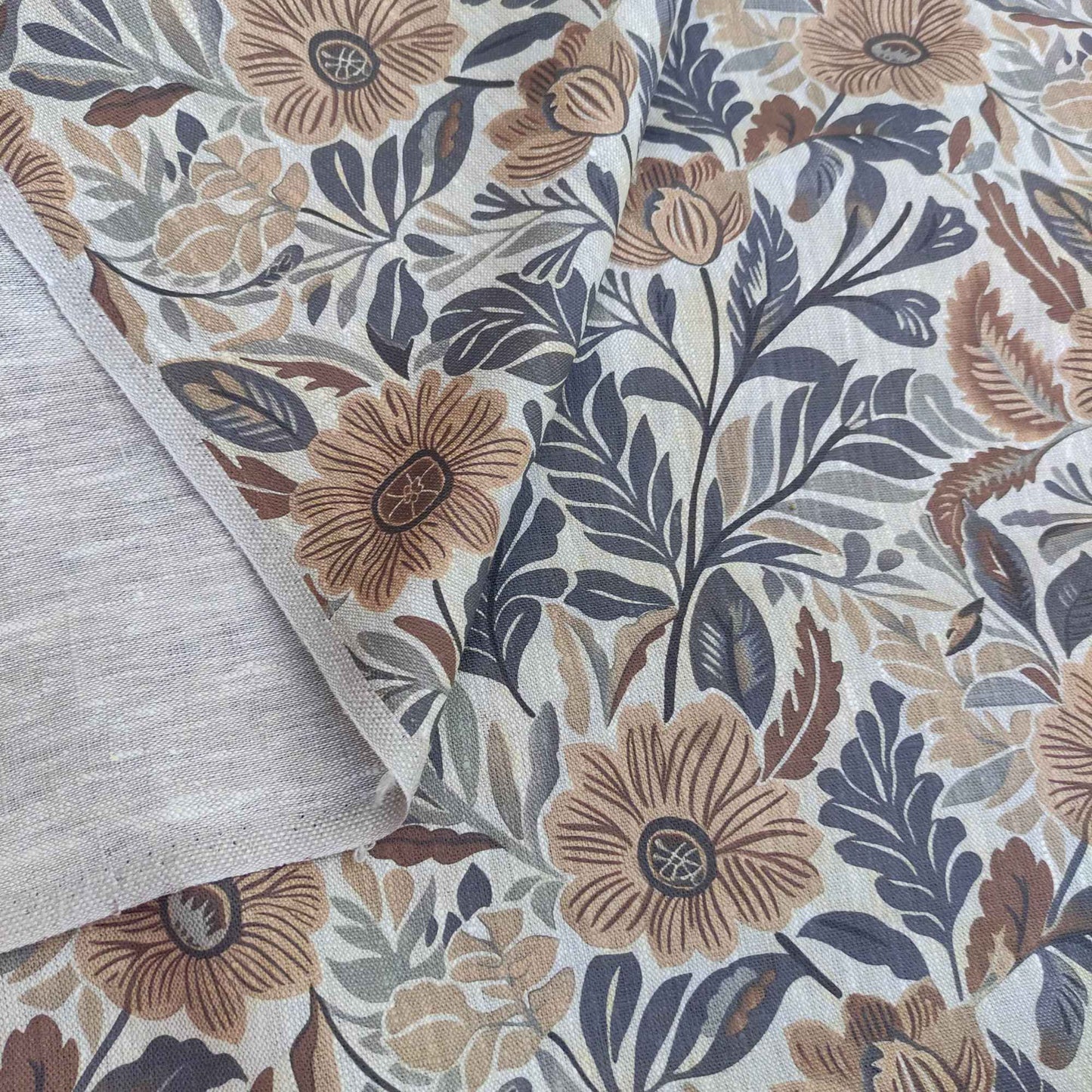 Floral linen fabric - botanical meadow brown flowers on oatmeal linen LL318P