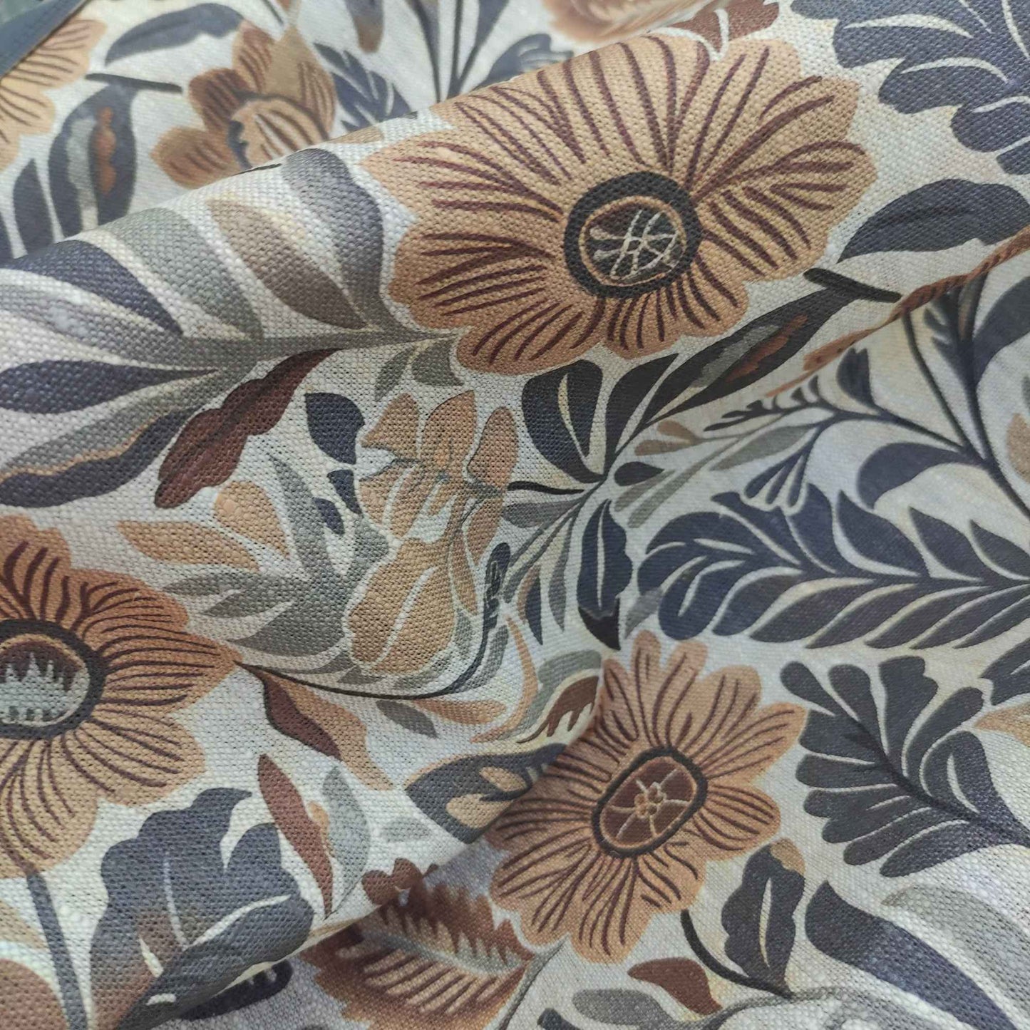 Floral linen fabric - botanical meadow brown flowers on oatmeal linen LL318P