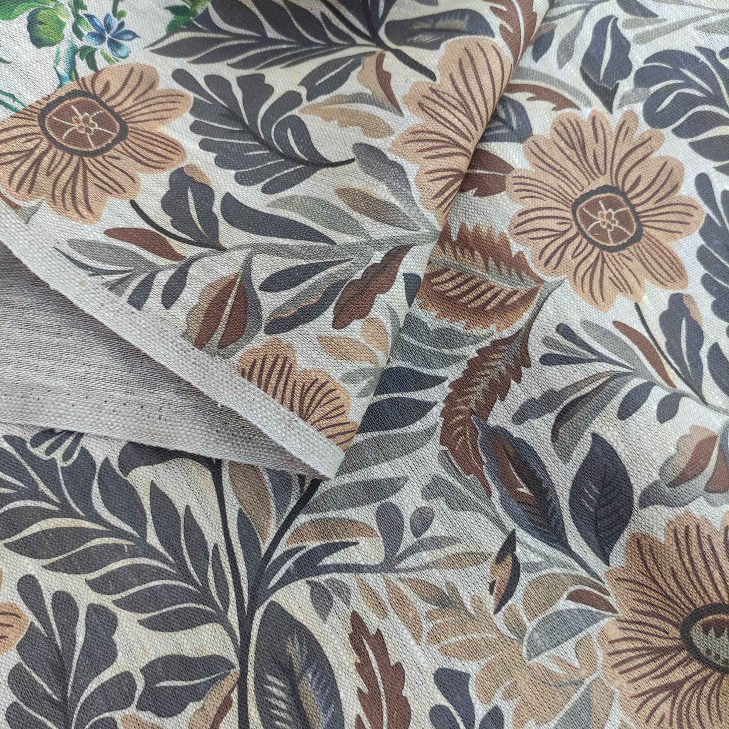 Floral linen fabric - botanical meadow brown flowers on oatmeal linen LL318P