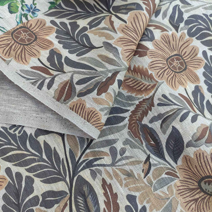 Floral linen fabric - botanical meadow brown flowers on oatmeal linen LL318P