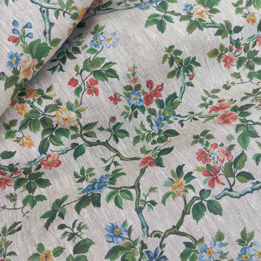 Floral linen fabric with Toile de Jouy Tree blossom LL320P - 100% linen