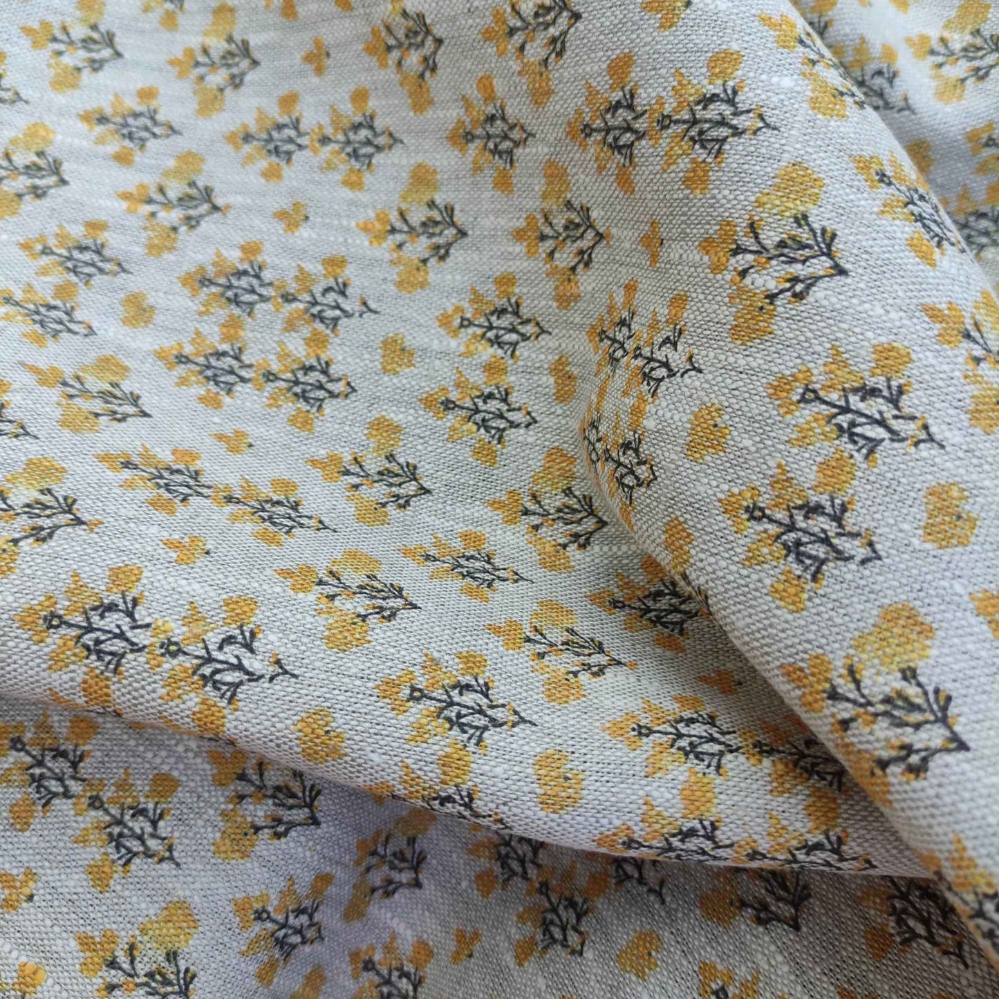 Floral linen fabric with block print on oatmeal linen LL321P - 100% linen