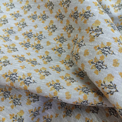 Floral linen fabric with block print on oatmeal linen LL321P - 100% linen